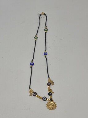 Black & Gold Tone Sun & Moon Necklace w/ Evil Eye Beads